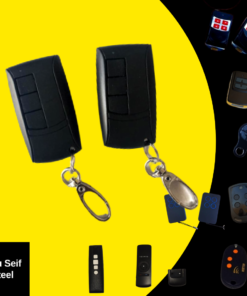ريموتين ACM أسود بميدالية معدن من قريب — ACM garage door remote pair close-up
