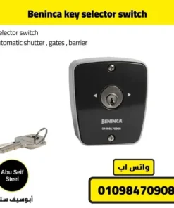 Beninca key selector switch front view with lock cylinder centered on black faceplate.