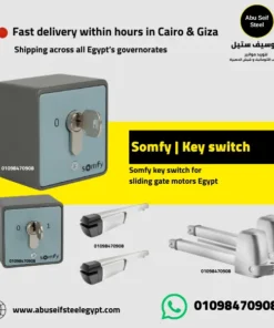Somfy key switch for automation systems in Egypt, shown with sliding gate and swing gate operators.