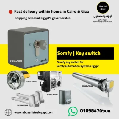 Somfy key switch shown with multiple Somfy automation products in Egypt.