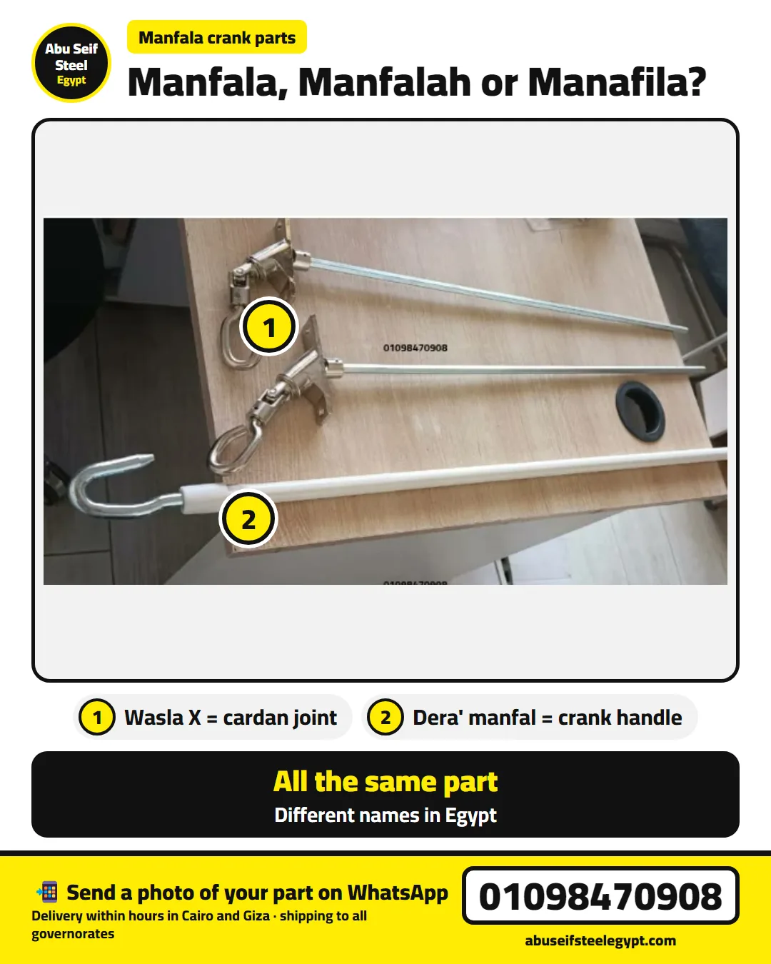 Manfala, manfalah or manafila are the same part — wasla X is the cardan joint and dera manfal is the crank handle | منفلة منفله منافيلا