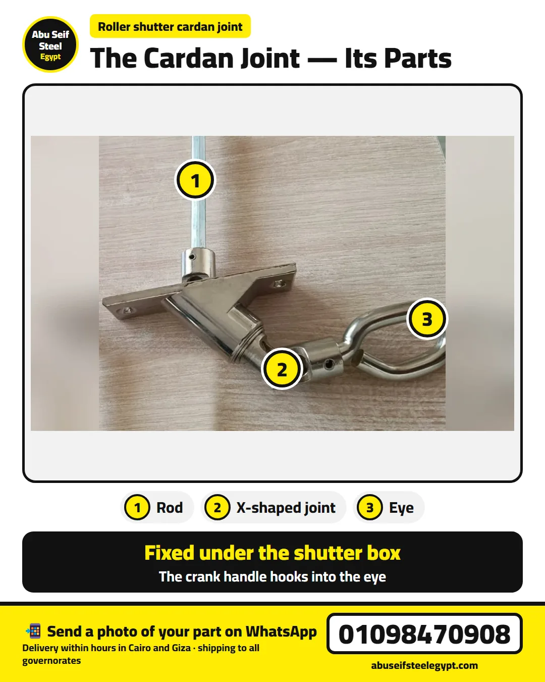 Roller shutter cardan joint and its parts: rod, X-shaped joint and eye — real photo | وصلة اكس منفل
